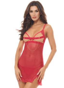Nuisette résille rouge avec chaîne dorée et string - REN51017-TRED
